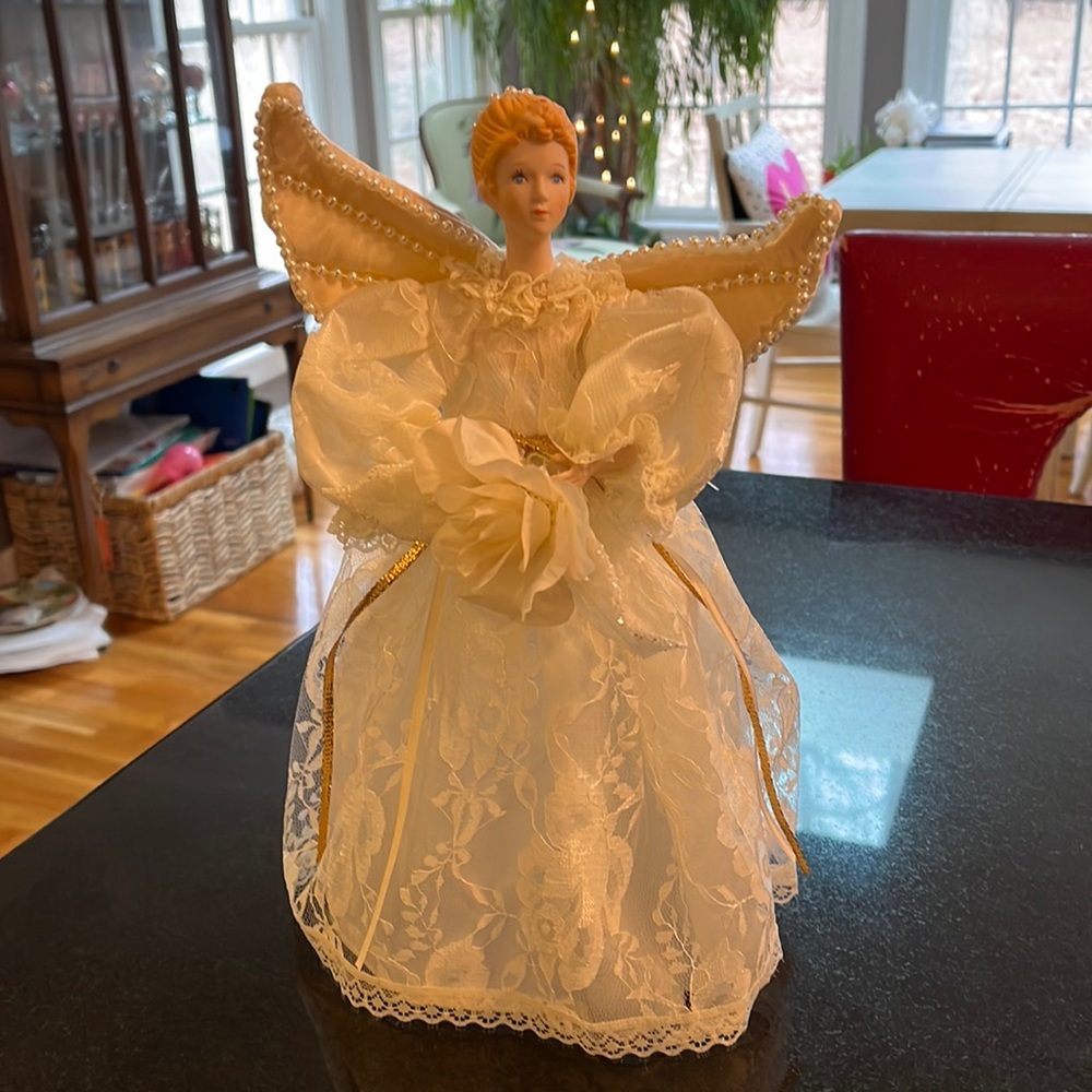 12 inch Porcelain, White Lace Elegance Angel - White Lace & Faux Pearl Trim